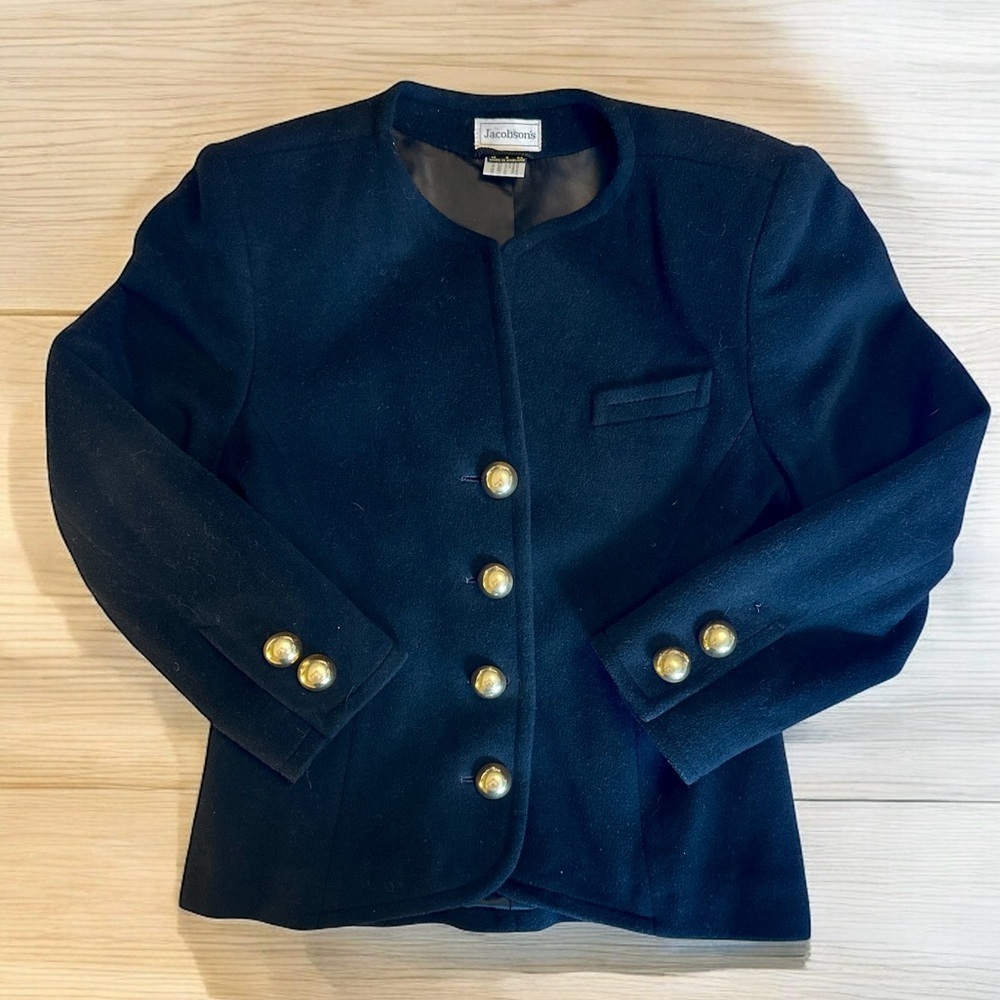 Vintage Black Jacobson’s Wool Cashmere Blazer Jacket Gold Buttons 8 Bolero